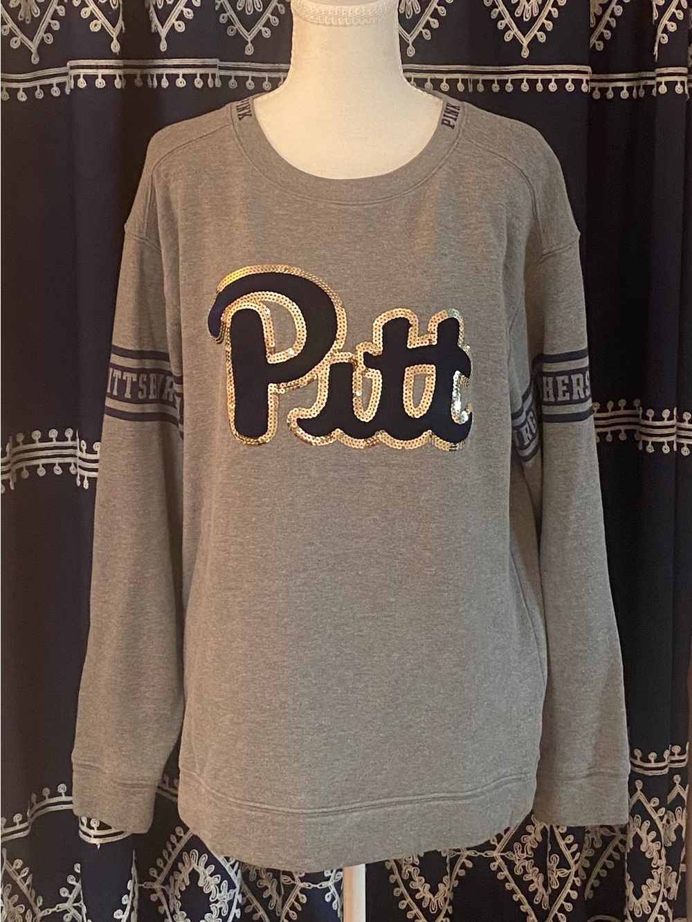 Victoria's Secret Gray Crewneck with Navy and Gold Sequin Pitt Logo